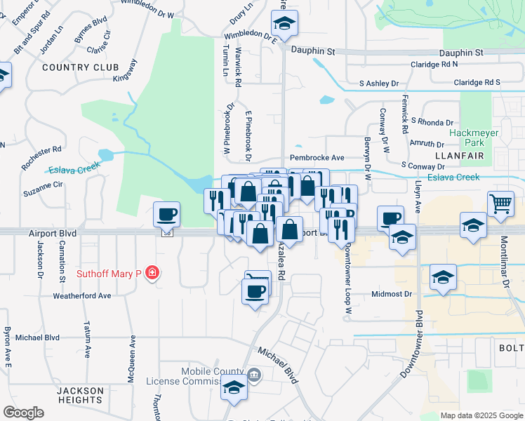 map of restaurants, bars, coffee shops, grocery stores, and more near 3952 Airport Boulevard in Mobile