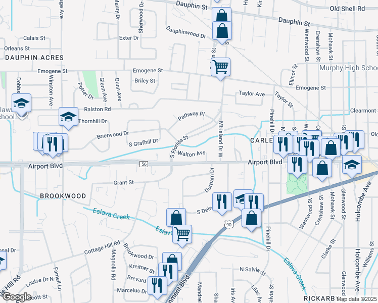 map of restaurants, bars, coffee shops, grocery stores, and more near 2611 Walton Avenue in Mobile