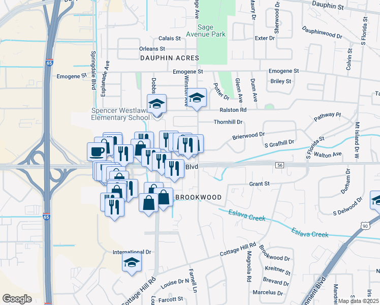 map of restaurants, bars, coffee shops, grocery stores, and more near 2924 Jennings Drive in Mobile