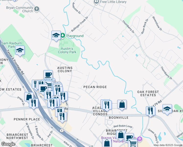 map of restaurants, bars, coffee shops, grocery stores, and more near 3704 Elliott Street in Bryan