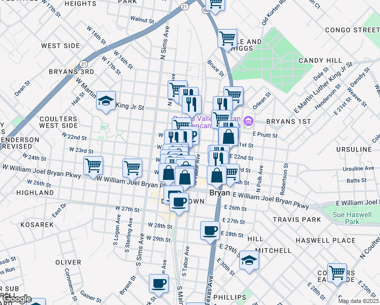 map of restaurants, bars, coffee shops, grocery stores, and more near 199 E 21st St in Bryan