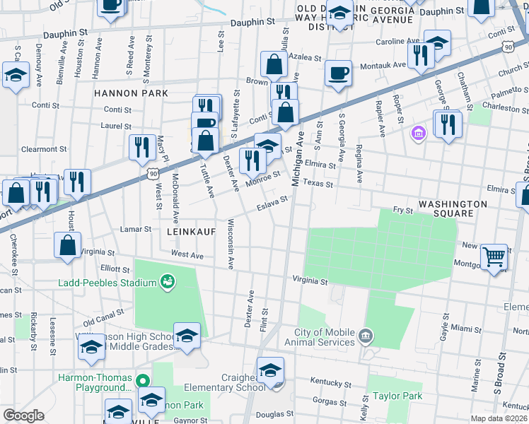 map of restaurants, bars, coffee shops, grocery stores, and more near 1416 Eslava Street in Mobile
