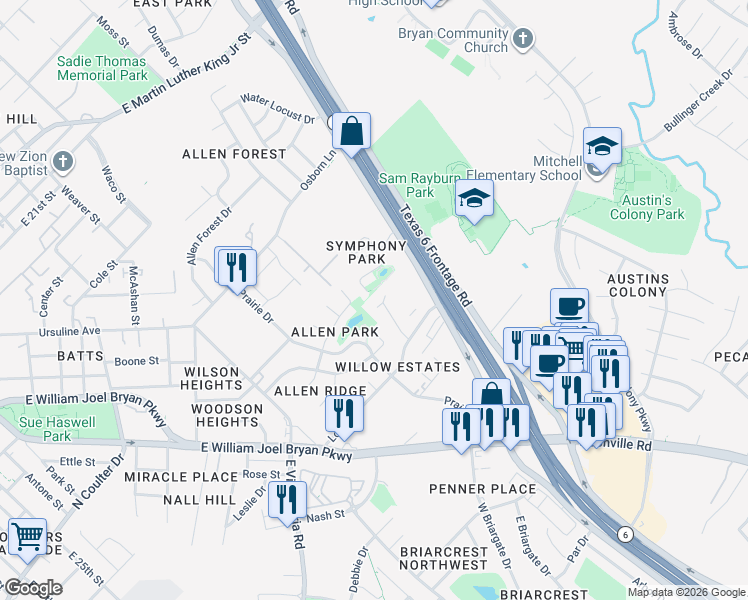 map of restaurants, bars, coffee shops, grocery stores, and more near 2530 Rhapsody Court in Bryan