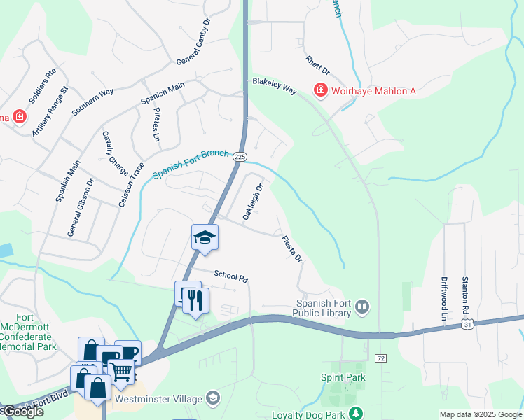 map of restaurants, bars, coffee shops, grocery stores, and more near 7065 Oakleigh Court in Spanish Fort