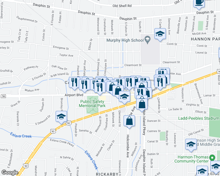 map of restaurants, bars, coffee shops, grocery stores, and more near 250-256 Mohawk Street in Mobile