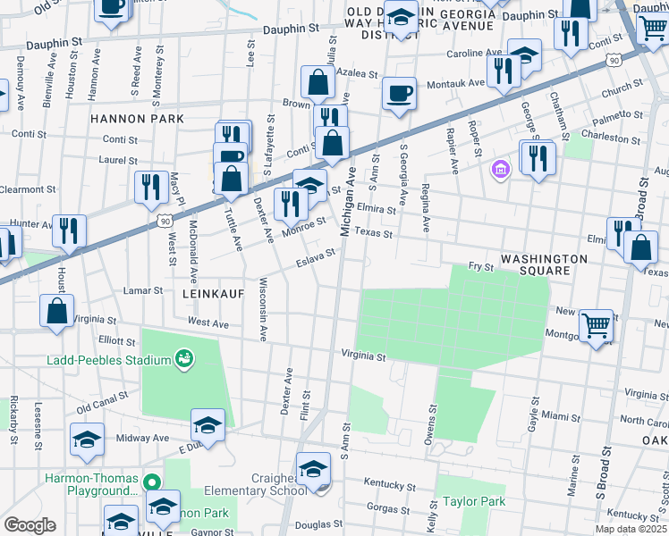 map of restaurants, bars, coffee shops, grocery stores, and more near 313 Michigan Avenue in Mobile