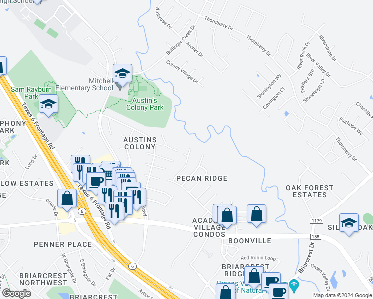 map of restaurants, bars, coffee shops, grocery stores, and more near 3705 Choctaw Street in Bryan