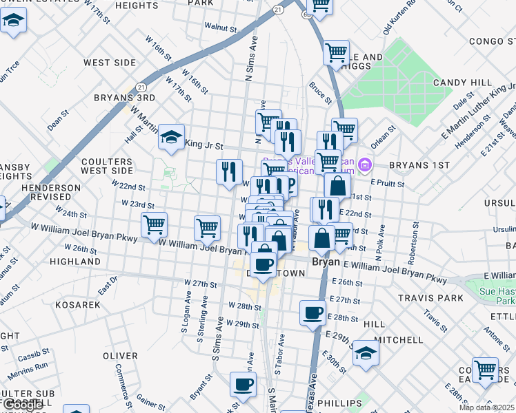 map of restaurants, bars, coffee shops, grocery stores, and more near 500 North Main Street in Bryan