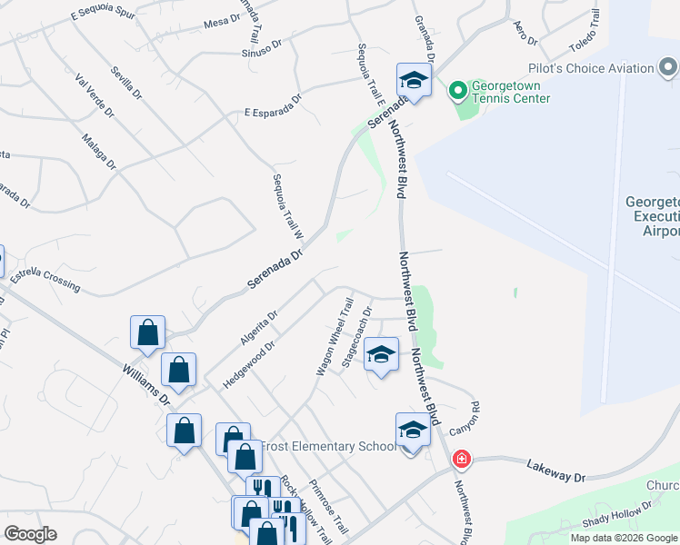 map of restaurants, bars, coffee shops, grocery stores, and more near 715 Algerita Drive in Georgetown