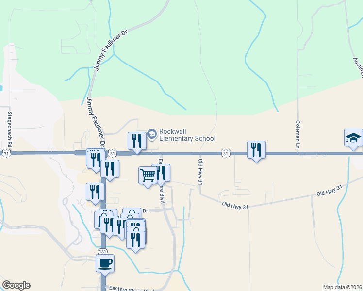 map of restaurants, bars, coffee shops, grocery stores, and more near 10407 U.S. 31 in Spanish Fort