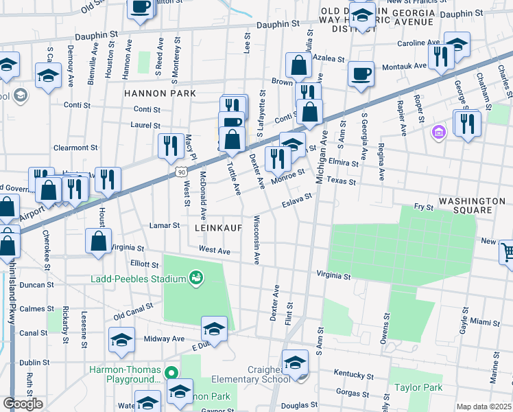 map of restaurants, bars, coffee shops, grocery stores, and more near 251 Tuttle Avenue in Mobile