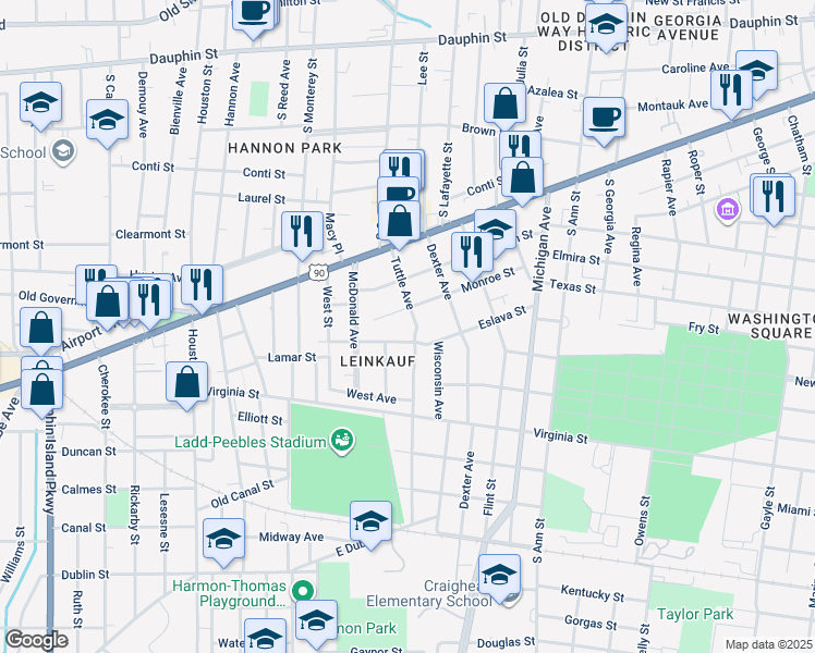 map of restaurants, bars, coffee shops, grocery stores, and more near 251 Tuttle Avenue in Mobile