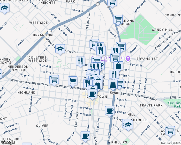 map of restaurants, bars, coffee shops, grocery stores, and more near 500 North Main Street in Bryan