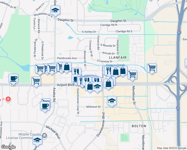 map of restaurants, bars, coffee shops, grocery stores, and more near 3838 Rue Maison North in Mobile