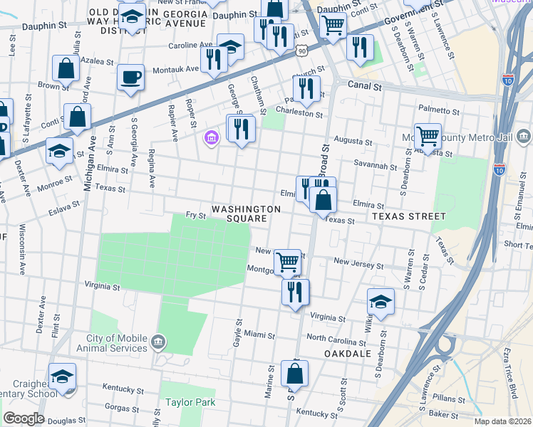 map of restaurants, bars, coffee shops, grocery stores, and more near 1006 Texas Street in Mobile