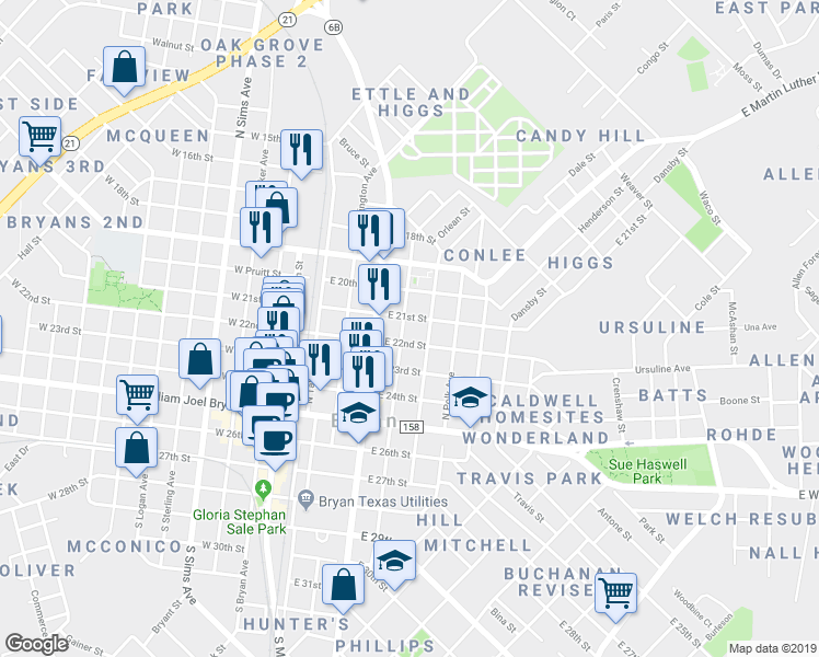 map of restaurants, bars, coffee shops, grocery stores, and more near 505 North Houston Avenue in Bryan