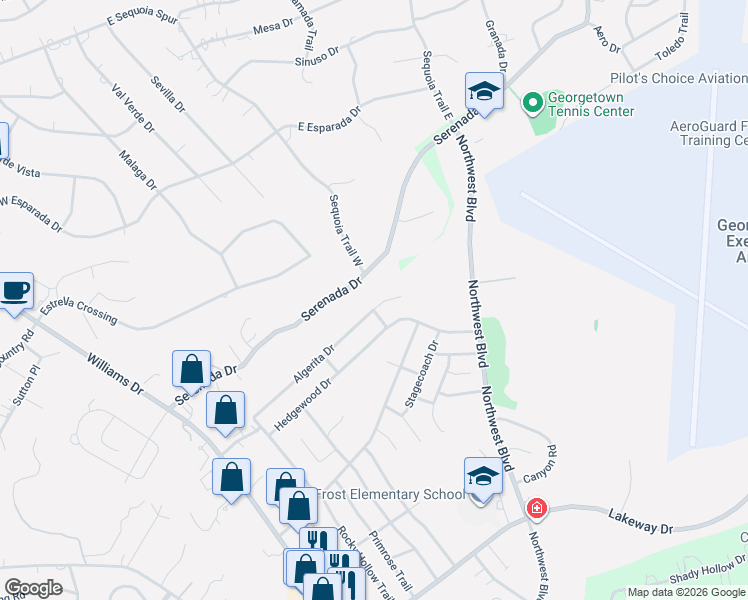 map of restaurants, bars, coffee shops, grocery stores, and more near 705 Algerita Drive in Georgetown