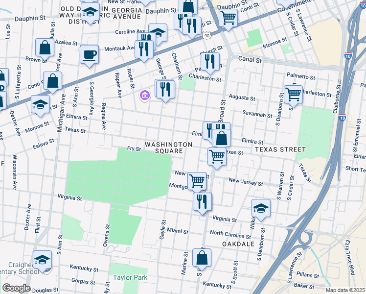 map of restaurants, bars, coffee shops, grocery stores, and more near 1003 Texas Street in Mobile