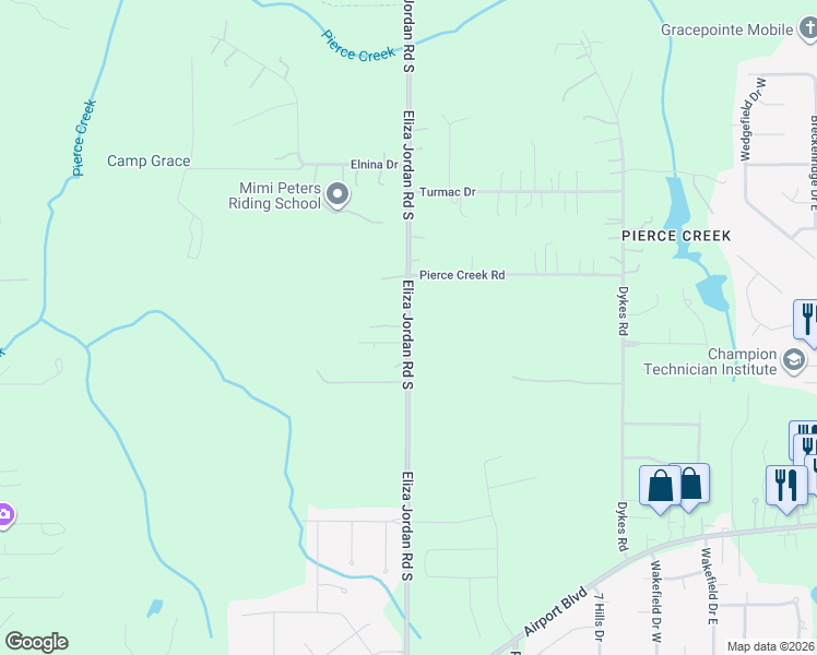 map of restaurants, bars, coffee shops, grocery stores, and more near Eliza Jordan Road South in Mobile