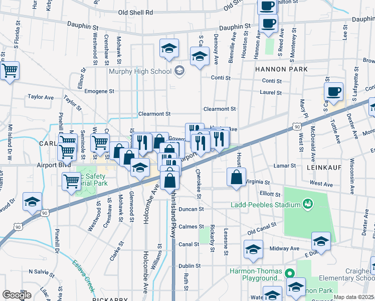map of restaurants, bars, coffee shops, grocery stores, and more near 1907 Old Government Street in Mobile