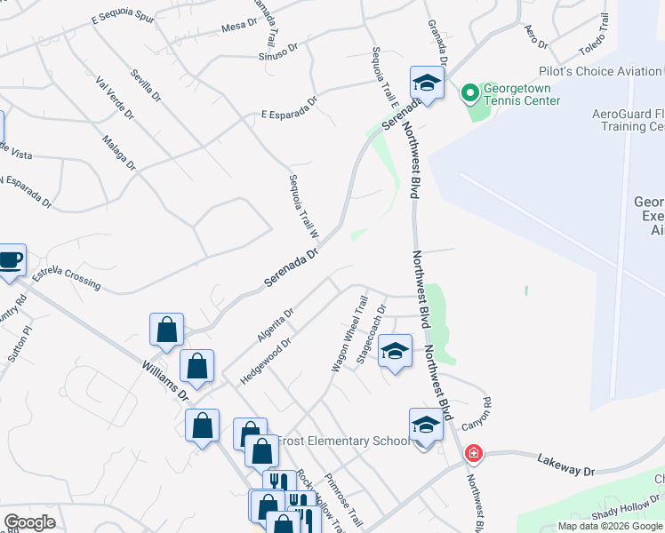map of restaurants, bars, coffee shops, grocery stores, and more near 715 Algerita Drive in Georgetown