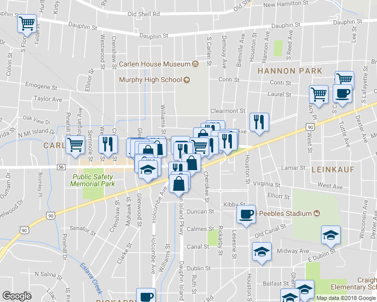 map of restaurants, bars, coffee shops, grocery stores, and more near 1912 Myrtle Avenue in Mobile