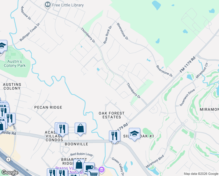 map of restaurants, bars, coffee shops, grocery stores, and more near 3508 Dovecote Court in Bryan