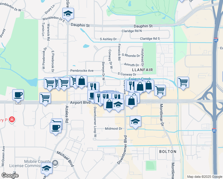 map of restaurants, bars, coffee shops, grocery stores, and more near 3838 Rue Maison North in Mobile