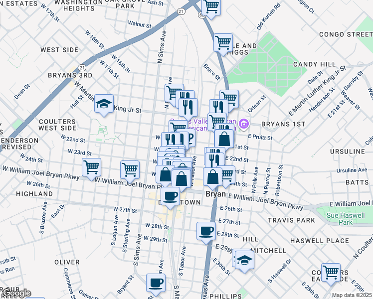 map of restaurants, bars, coffee shops, grocery stores, and more near 107-199 E 21st St in Bryan