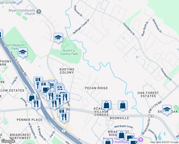 map of restaurants, bars, coffee shops, grocery stores, and more near 3705 Choctaw Street in Bryan