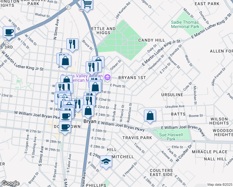 map of restaurants, bars, coffee shops, grocery stores, and more near 600 North Polk Avenue in Bryan