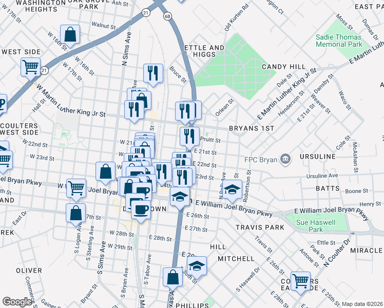 map of restaurants, bars, coffee shops, grocery stores, and more near 507 North Texas Avenue in Bryan