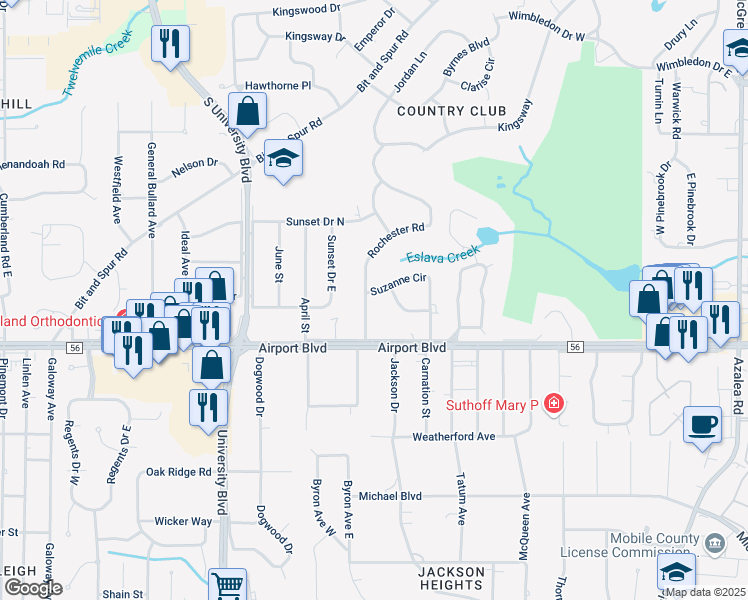 map of restaurants, bars, coffee shops, grocery stores, and more near 4457 Suzanne Circle in Mobile