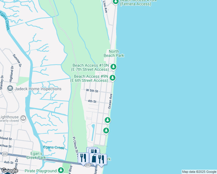 map of restaurants, bars, coffee shops, grocery stores, and more near 835 North Fletcher Avenue in Fernandina Beach