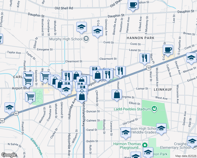 map of restaurants, bars, coffee shops, grocery stores, and more near 1861 Old Government Street in Mobile