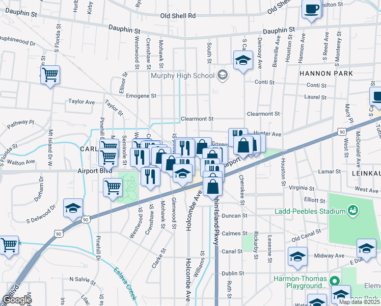 map of restaurants, bars, coffee shops, grocery stores, and more near 256 Williams Street in Mobile