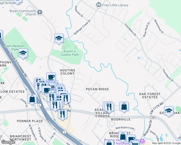 map of restaurants, bars, coffee shops, grocery stores, and more near 3705 Choctaw Street in Bryan
