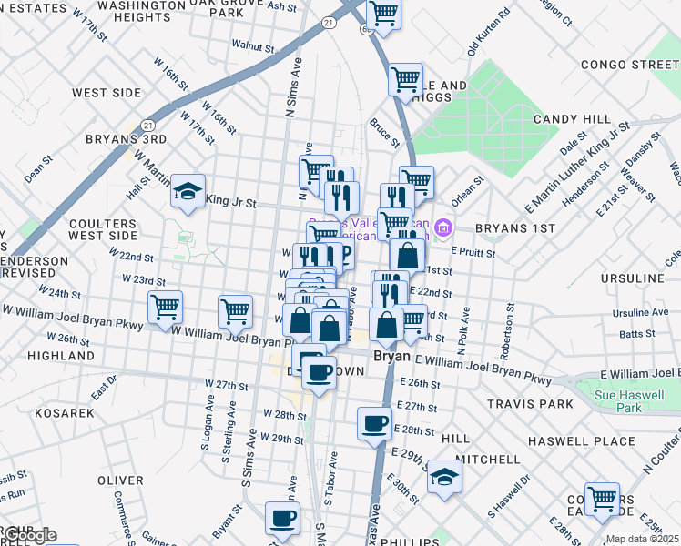 map of restaurants, bars, coffee shops, grocery stores, and more near 107-199 E 21st St in Bryan