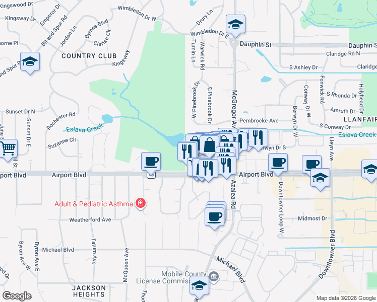 map of restaurants, bars, coffee shops, grocery stores, and more near 212 Wimbledon Park in Mobile