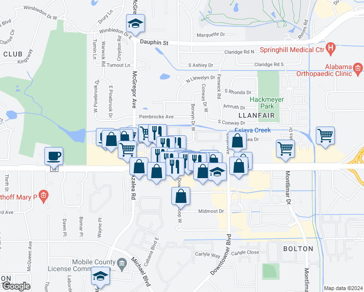 map of restaurants, bars, coffee shops, grocery stores, and more near 3917 Berwyn Drive South in Mobile