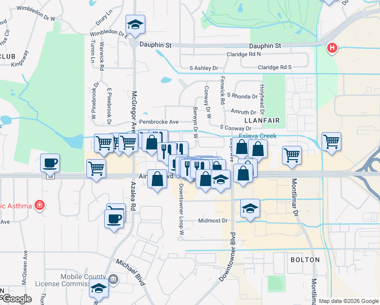 map of restaurants, bars, coffee shops, grocery stores, and more near 249-299 Berwyn Dr W in Mobile