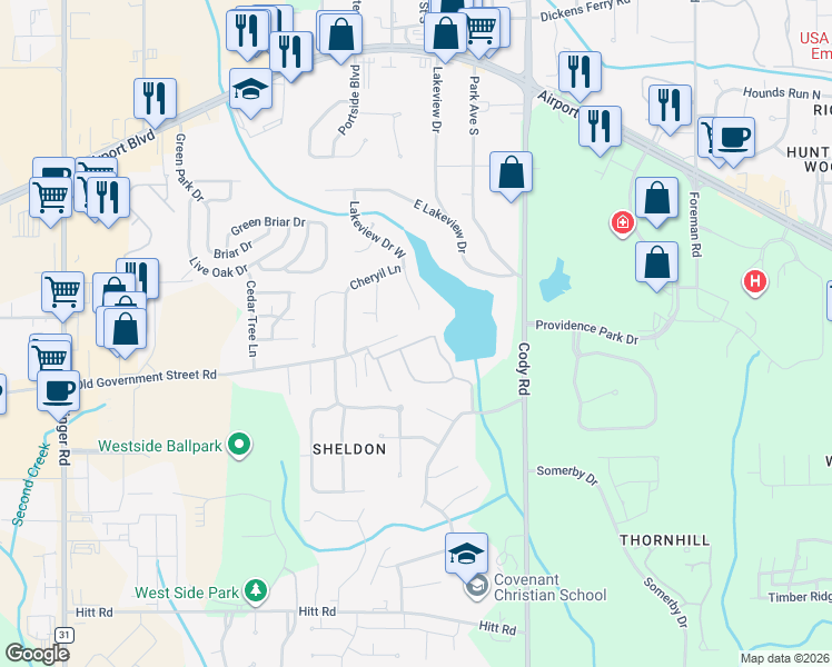 map of restaurants, bars, coffee shops, grocery stores, and more near 266 Spring Lake Drive North in Mobile