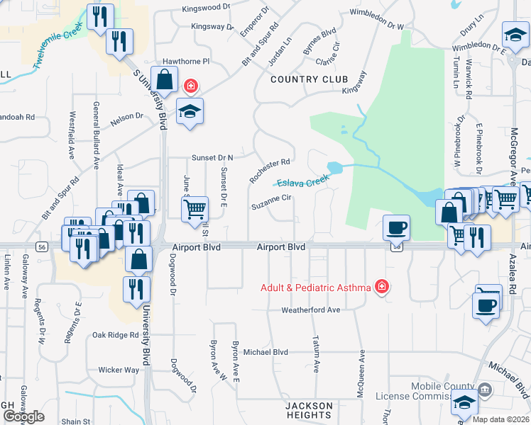 map of restaurants, bars, coffee shops, grocery stores, and more near 4457 Suzanne Circle in Mobile