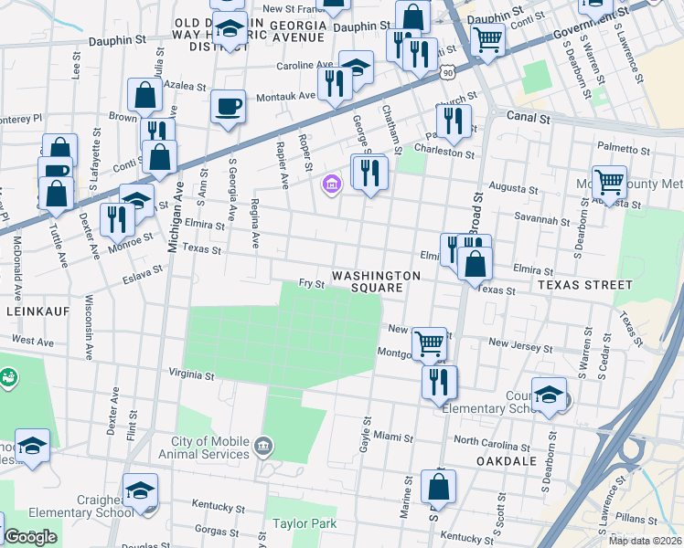 map of restaurants, bars, coffee shops, grocery stores, and more near 1151 Texas Street in Mobile