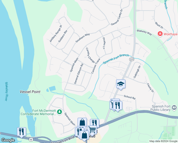 map of restaurants, bars, coffee shops, grocery stores, and more near 123 Brigade Road in Spanish Fort
