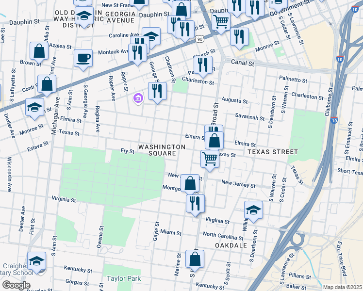 map of restaurants, bars, coffee shops, grocery stores, and more near 955 Elmira Street in Mobile