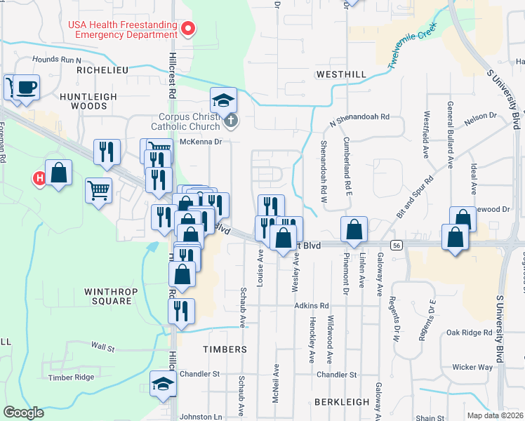 map of restaurants, bars, coffee shops, grocery stores, and more near 7 Highland Woods Drive West in Mobile