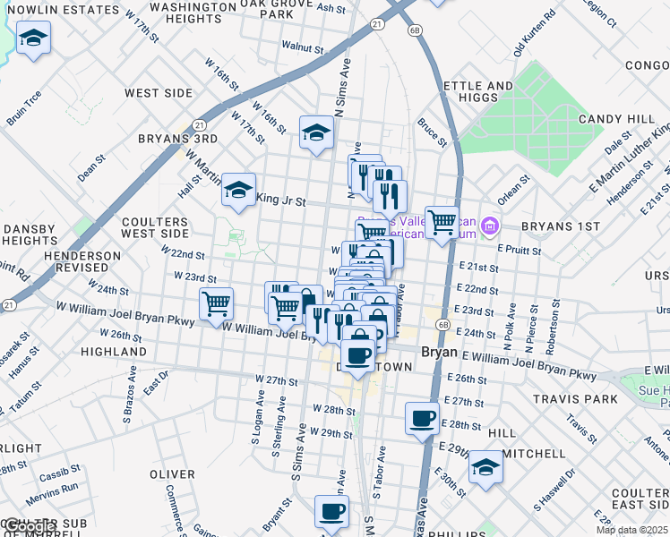 map of restaurants, bars, coffee shops, grocery stores, and more near 504 North Parker Avenue in Bryan