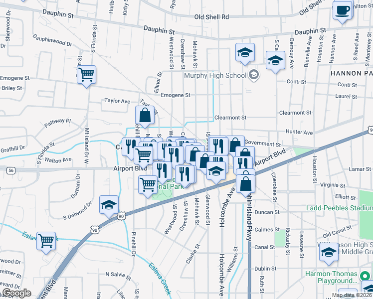 map of restaurants, bars, coffee shops, grocery stores, and more near 257 Crenshaw Street in Mobile