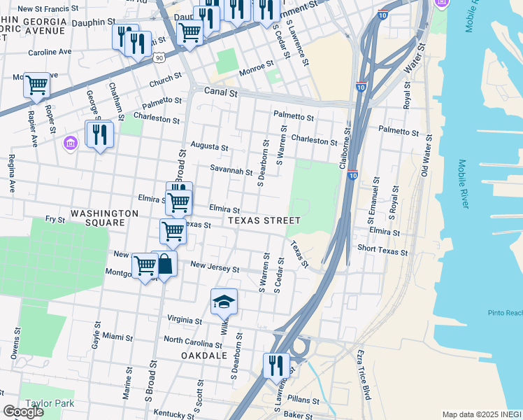 map of restaurants, bars, coffee shops, grocery stores, and more near 509 South Dearborn Street in Mobile